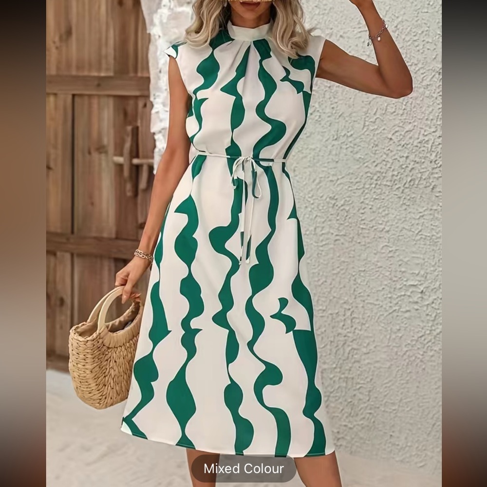 Wave Print Tie Back Dress, Vacation Sleeveless High Neck Midi Dress,